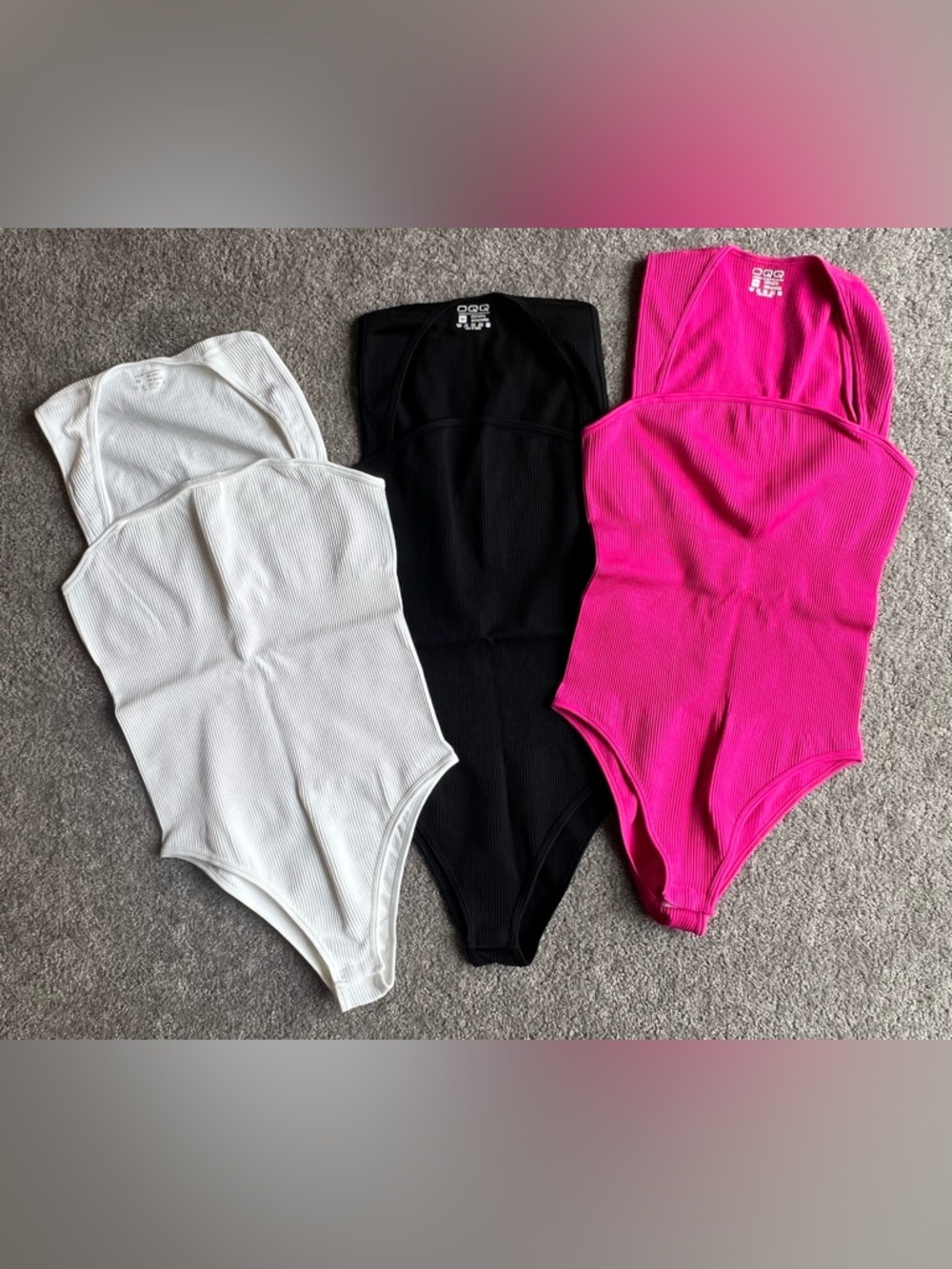 Ribbed Strapless Bodysuits in White, Black & Hot Pink